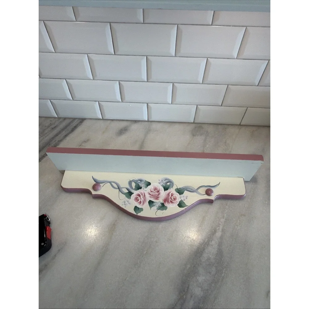 Vintage Cream/mauve Hand Painted Floral Wooden Wall Shelf 21